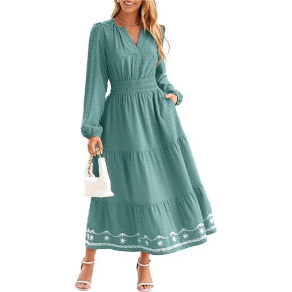 Womens Long Sleeve Dot Maxi Dress with Pockets Light Green - Picture 1 of 6